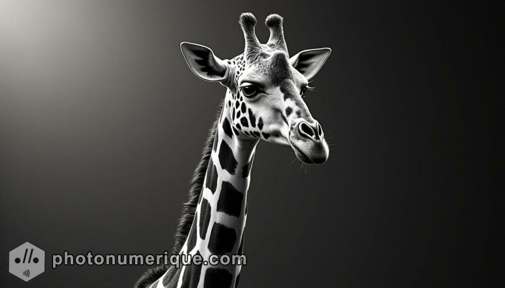 an elegant black-and-white portrait of a giraffe in the Harcourt Studio style, emphasizing its long neck and serene expression.