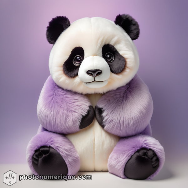 A hyperrealistic portrait of a plush panda in a soft, pastel purple monochromatic color scheme.