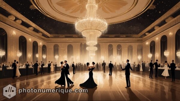 An illustration of a grand Art Deco ballroom, filled with elegantly dressed couples dancing under sparkling chandeliers.