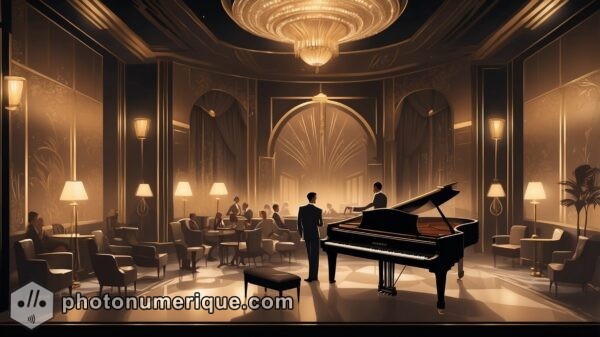 an atmospheric interior scene of a 1920s jazz club in Art Deco style.