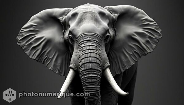 a sophisticated black-and-white portrait of an elephant in Harcourt Studio style, highlighting its wise, gentle demeanor.