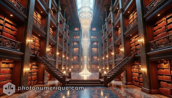 a hyperrealistic, grand library that stretches infinitely, filled with towering bookshelves made of polished marble and gold.