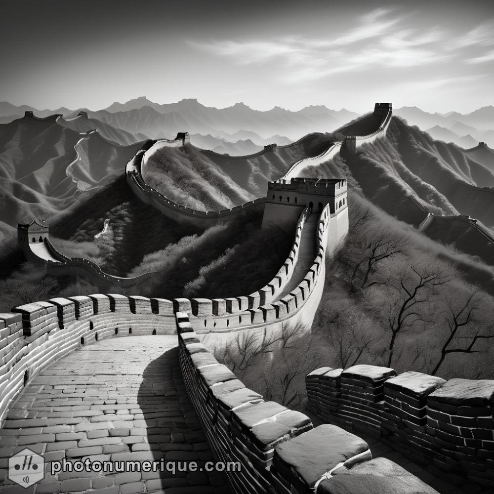 a hyperrealistic black-and-white portrait of the Great Wall of China in the refined Studio Harcourt style.