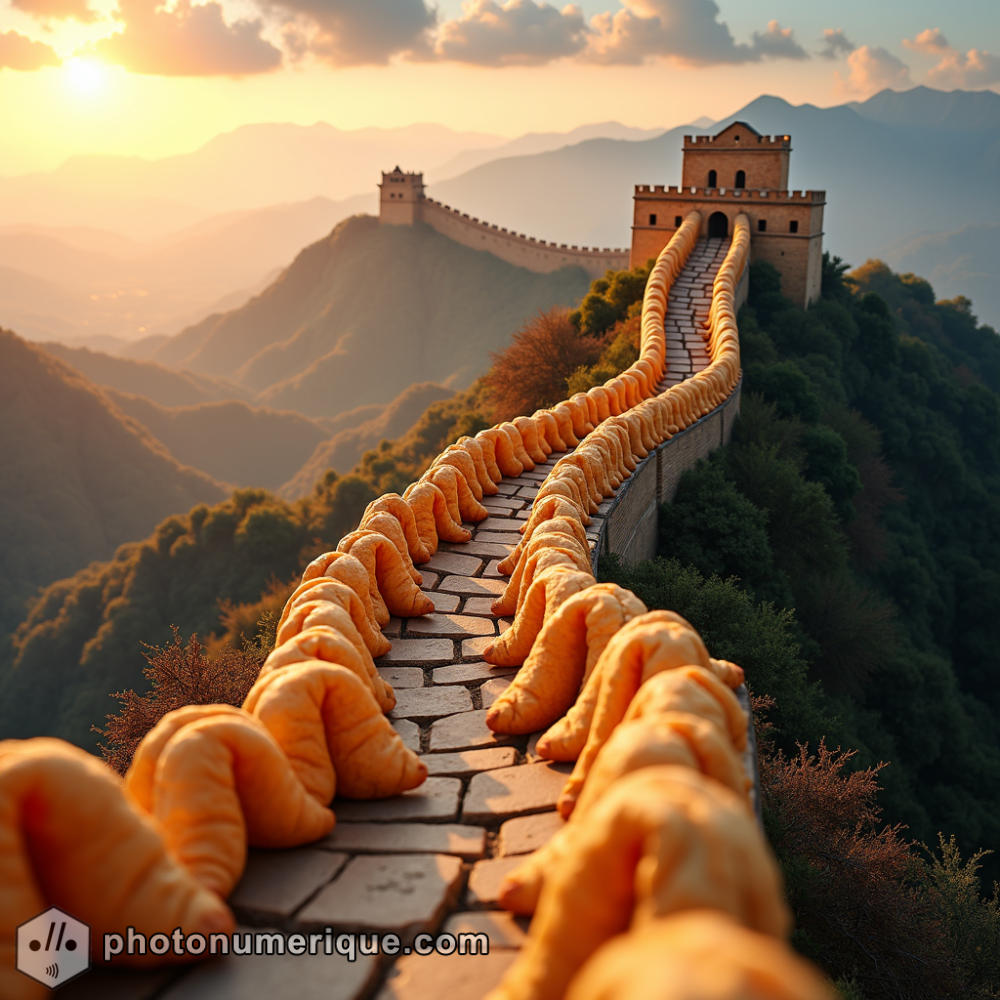 The Great Wall of China is made entirely of crispy, golden-brown fortune cookies, intricately stacked to form the winding structure.