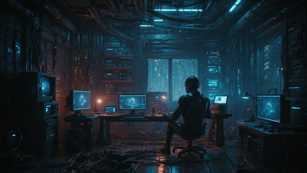 Illustrates the solitary life of a hacker in a cyberpunk dystopia