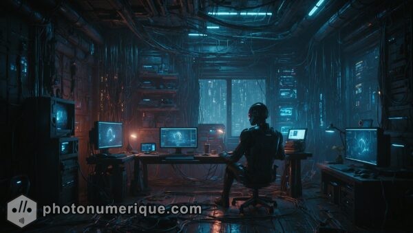 Illustrates the solitary life of a hacker in a cyberpunk dystopia