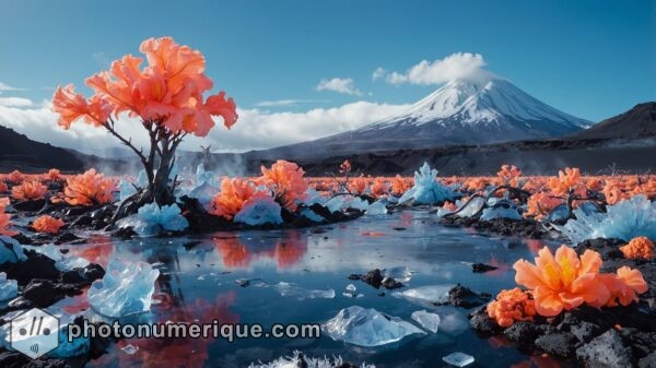 a landscape where a glacial valley meets a field of active volcanoes, creating a dramatic contrast between ice and fire.