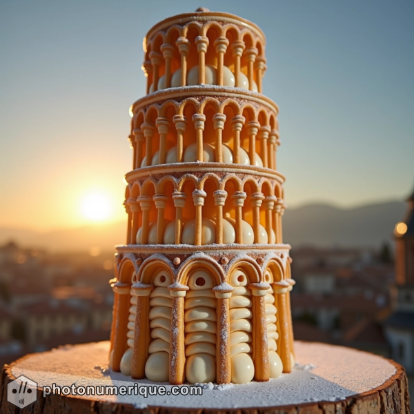 The Leaning Tower of Pisa is made entirely of crisp, golden cannoli shells filled with sweet ricotta cream.