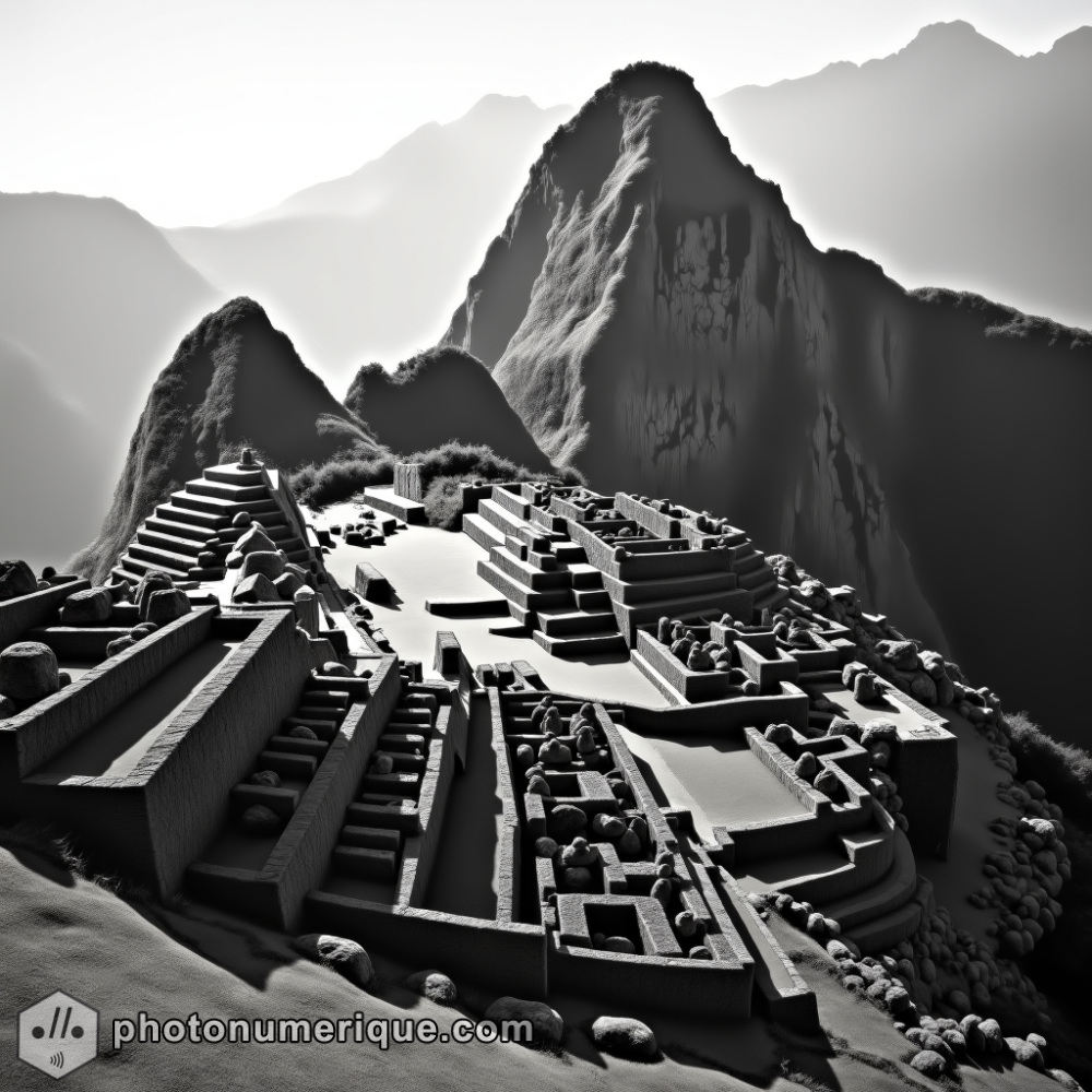 a hyperrealistic black-and-white portrait of Machu Picchu in the iconic Studio Harcourt style.