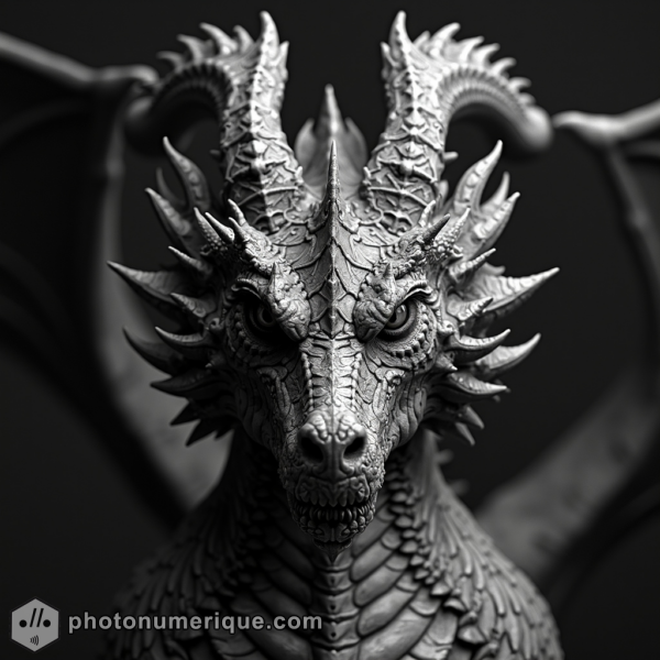 a hyperrealistic black-and-white portrait of a powerful dragon in the iconic Studio Harcourt style.