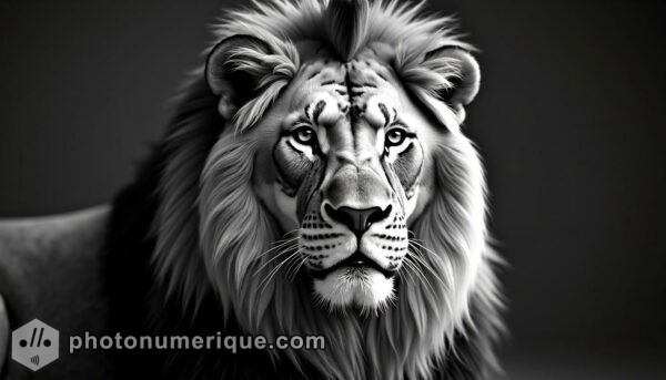 a high-contrast, black-and-white portrait of a lion in the classic Harcourt Studio style