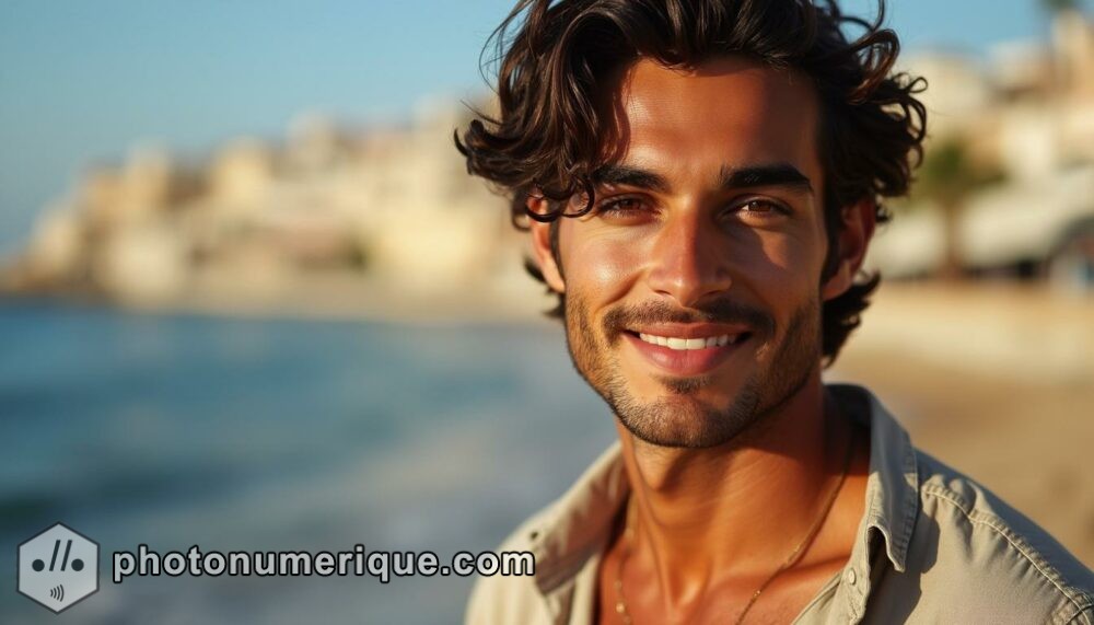 A hyperrealistic portrait of a striking Mediterranean man with tanned skin, dark curly hair, and deep brown eyes.