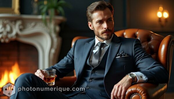 a hyperrealistic image of a man dressed in a tailored suit, sitting in a leather armchair with a glass of whiskey in hand.