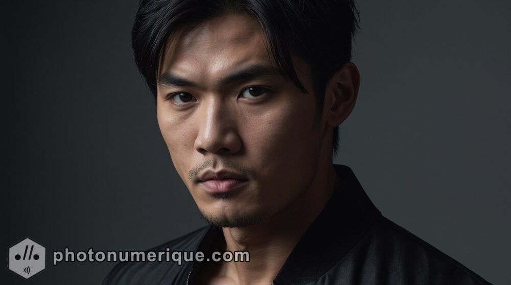 a hyperrealistic portrait of a stunning East Asian man with sharp, defined features and a cool, composed expression.