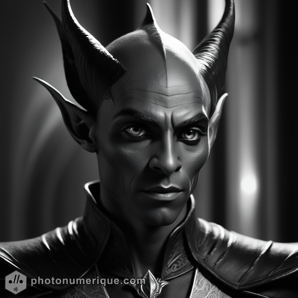 a hyperrealistic black-and-white portrait of a mysterious dark elf in the elegant Studio Harcourt style.