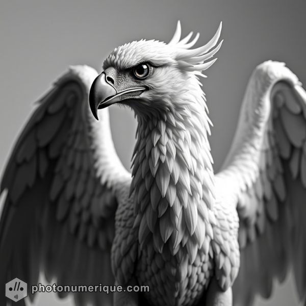 A hyperrealistic black-and-white portrait of a majestic griffin in the dynamic Studio Harcourt style.