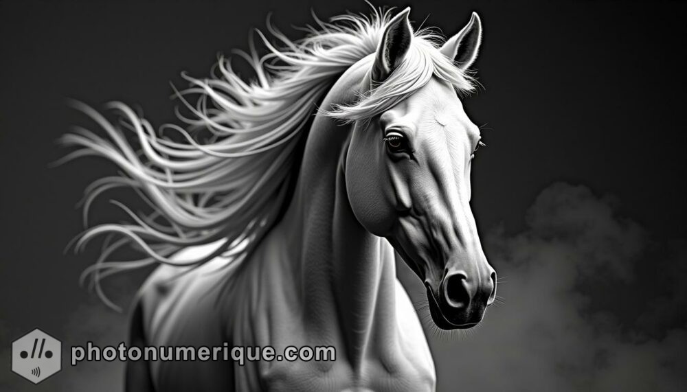 a majestic black-and-white portrait of a horse in Harcourt Studio style, highlighting its muscular build and flowing mane.