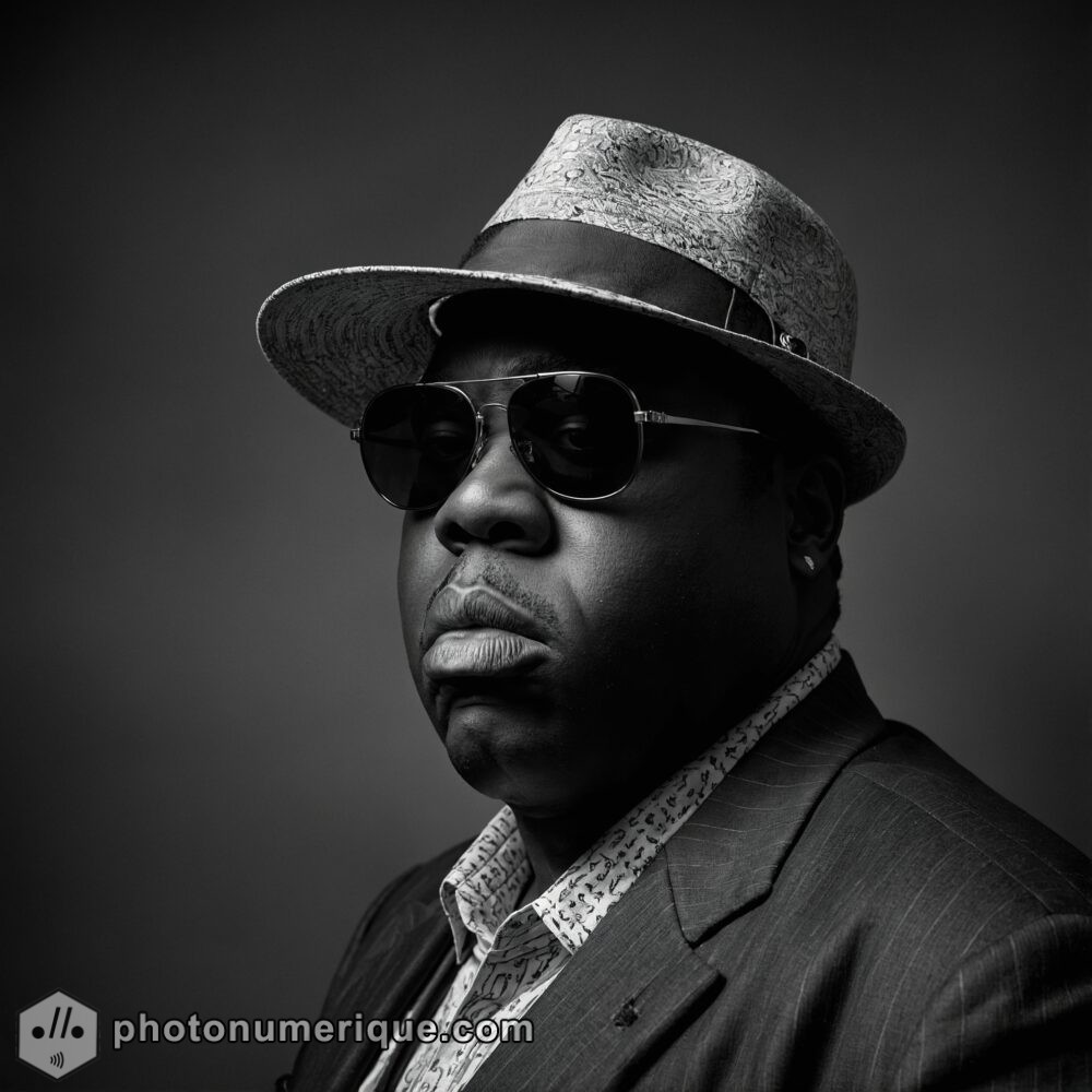 a hyperrealistic black-and-white portrait of The Notorious B.I.G. in the classic Studio Harcourt style.