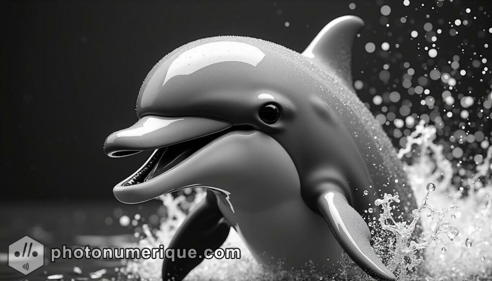 a lively black-and-white portrait of a dolphin in Harcourt Studio style, focusing on its joyful, playful nature.