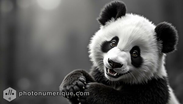 a charming black-and-white portrait of a panda in Harcourt Studio style, focusing on its endearing features and playful demeanor.