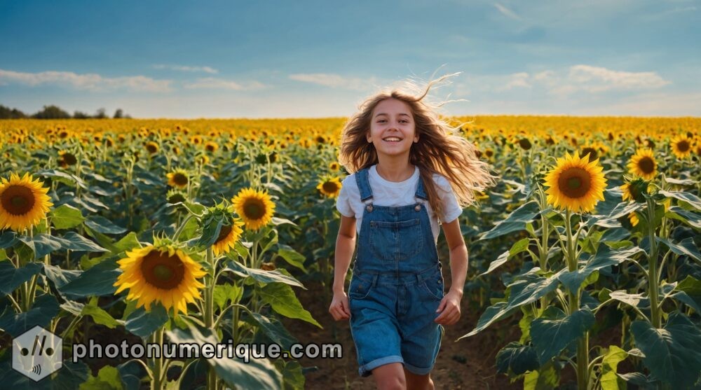 A dynamic and inspiring painting of a young girl running through a field of sunflowers under a bright, blue sky.