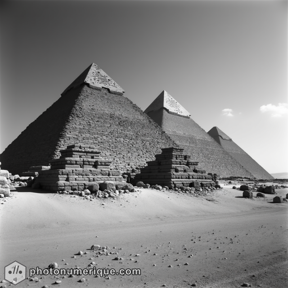 a hyperrealistic black-and-white portrait of the Pyramids of Giza in the classic Studio Harcourt style.