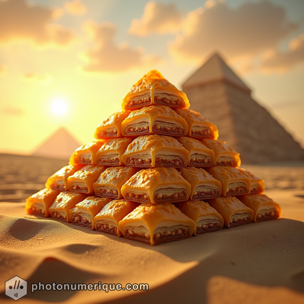 The Pyramids of Giza are made entirely of golden, flaky layers of baklava, stacked perfectly to form the triangular structures.