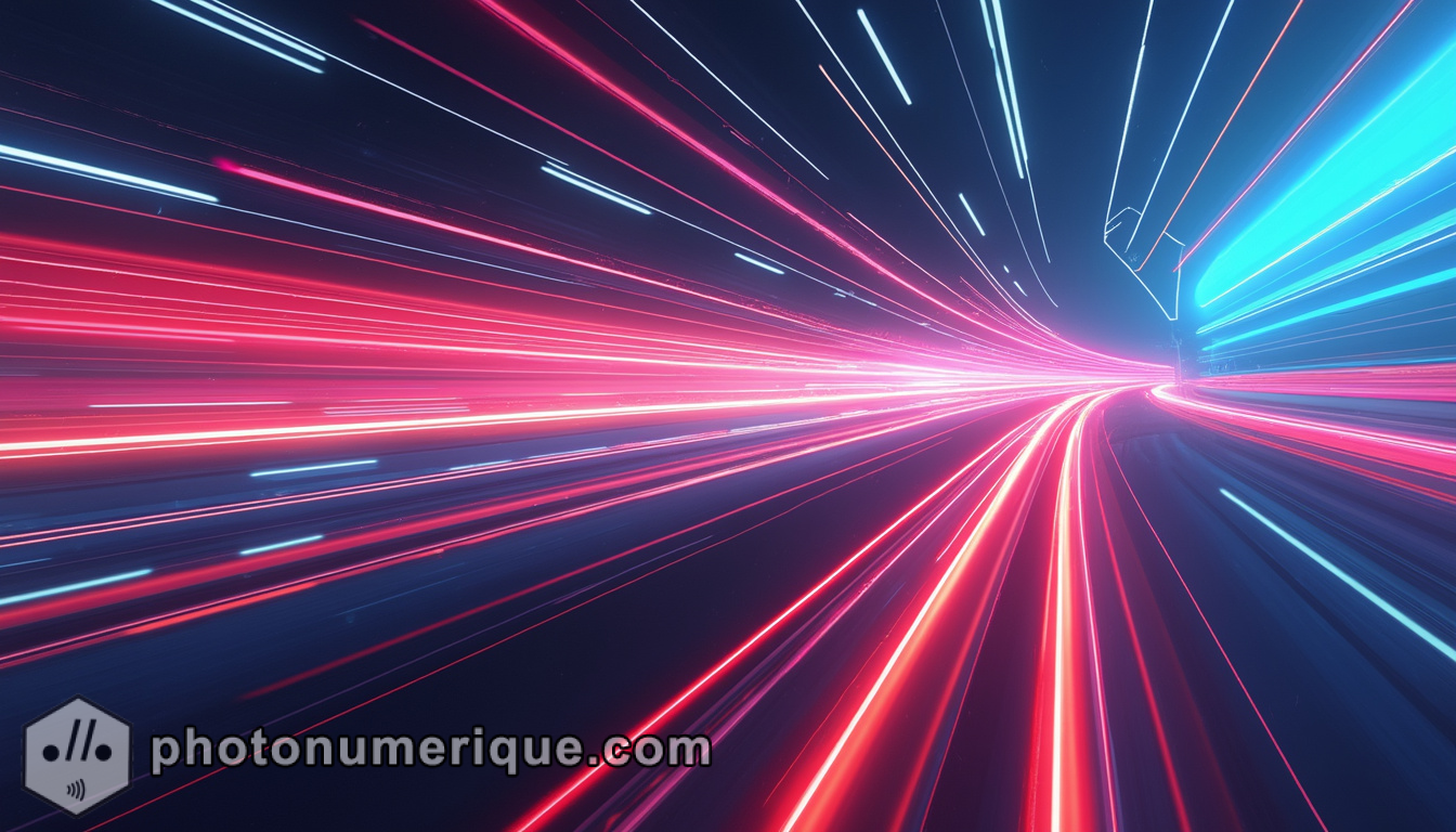 An abstract composition showcasing the speed of light through streaks of bright neon colors.