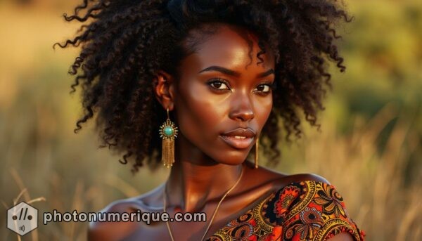 A hyperrealistic portrait of a striking African woman with deep, rich skin and high cheekbones.