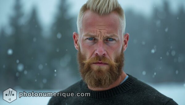 A hyperrealistic portrait of a tall, muscular man from Northern Europe with sharp, angular features and a strong beard. 