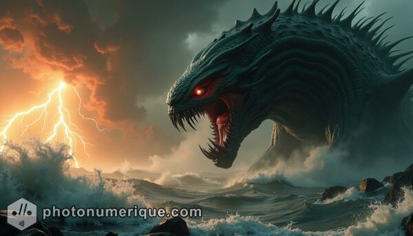 a hyperrealistic, dark fantasy scene of a massive, ancient sea monster rising from the depths of a black, stormy ocean