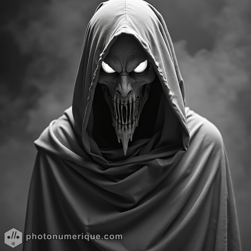 a hyperrealistic black-and-white portrait of a menacing wraith in the iconic Studio Harcourt style.