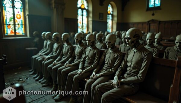 a hyperrealistic, unsettling scene of an old, abandoned church filled with rows of lifelike mannequins seated in the pews.