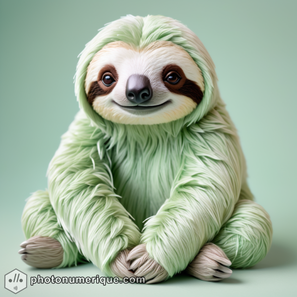 A hyperrealistic portrait of a plush sloth in a soft, pastel green monochromatic color scheme.