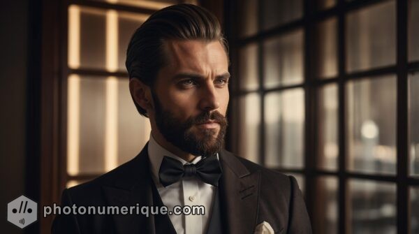 a hyperrealistic portrait of a sophisticated European man with sharp, refined features and a well-groomed beard.