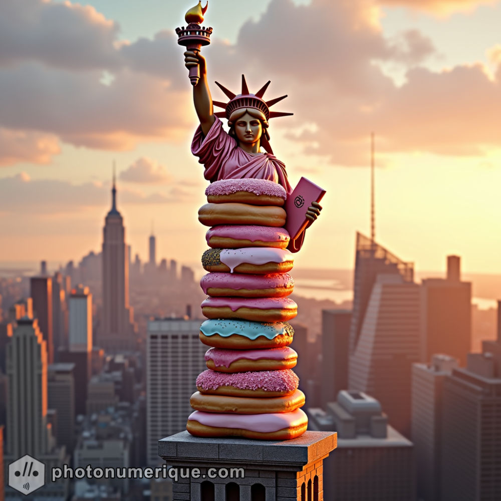 The Statue of Liberty in New York is made entirely of colorful, glazed donuts of varying sizes.