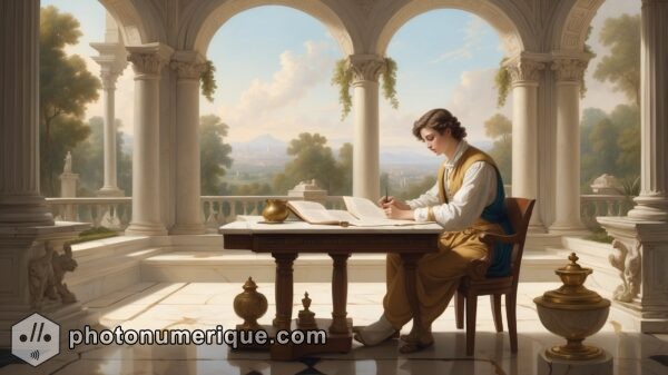 A serene depiction of a young scholar studying geometric shapes, surrounded by classical motifs.