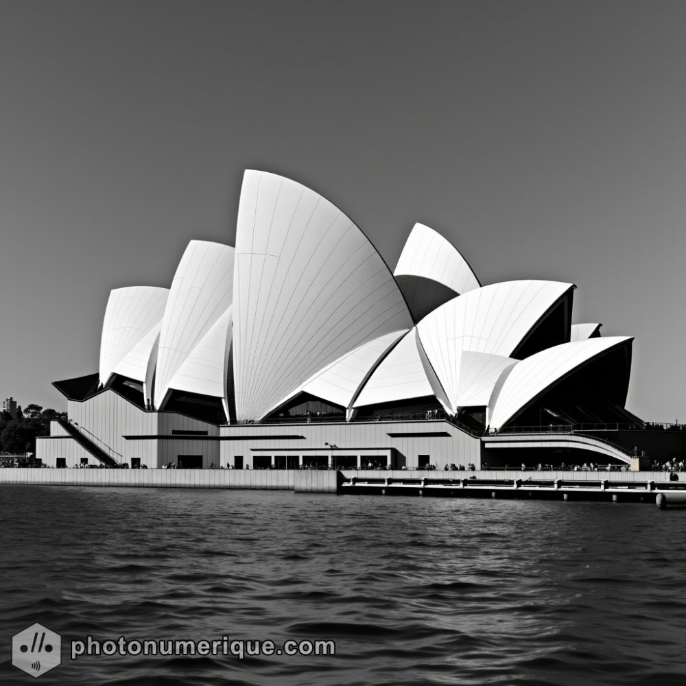 A hyperrealistic black-and-white portrait of the Sydney Opera House in the refined Studio Harcourt style.