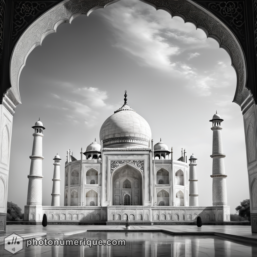 a hyperrealistic black-and-white portrait of the Taj Mahal in the dynamic Studio Harcourt style.