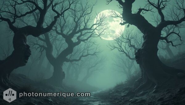 a hyperrealistic, eerie scene of a dense, twisted forest filled with gnarled, leafless trees.