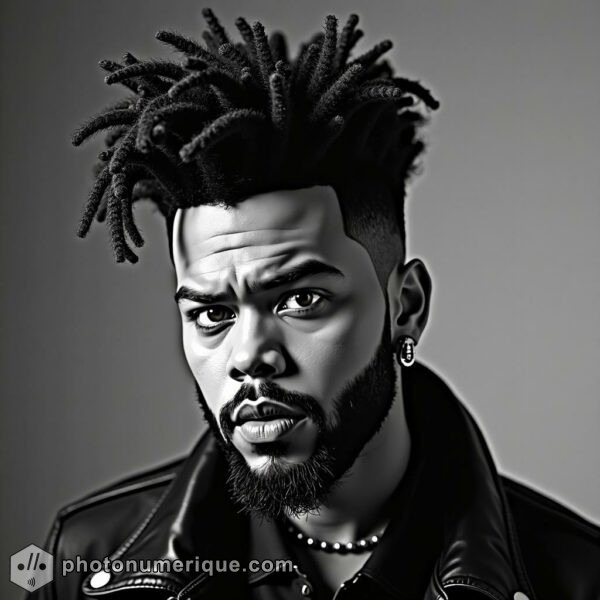 a sophisticated black-and-white portrait of The Weeknd, blending hyperrealism with caricature.