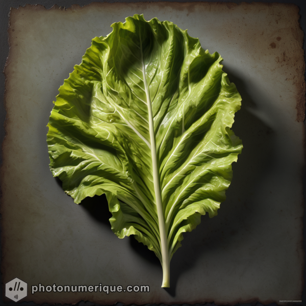 A hyperrealistic image of a single, wilted lettuce leaf.