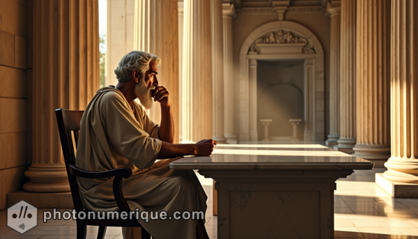 A grand depiction of an Athenian philosopher in a classical setting, reminiscent of David’s style.