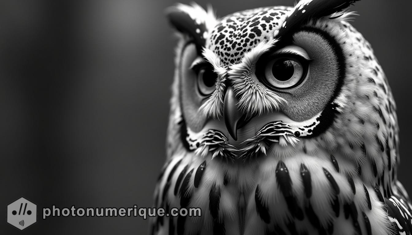 A thoughtful black-and-white portrait of an owl in Harcourt Studio style, with a focus on its large, expressive eyes and feather details.