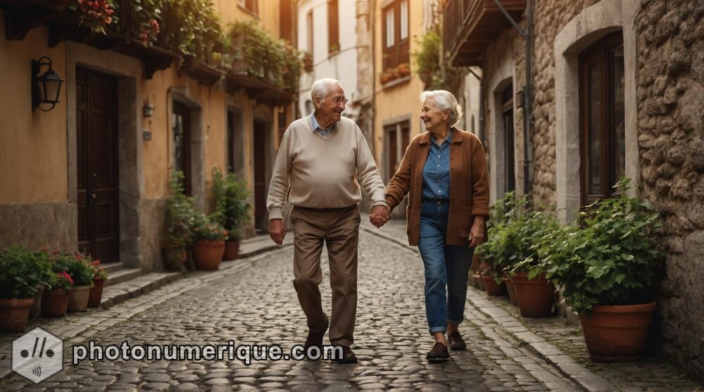 A hyperrealistic portrait of an elderly couple holding hands, walking down a cobblestone street in a charming European village.