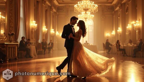 a hyperrealistic photograph of a couple dancing in a beautifully lit ballroom.