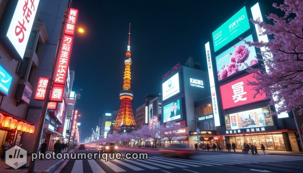 a captivating hyperrealistic image of Tokyo’s Shibuya Crossing at night, with neon lights and billboards casting vibrant colors across the scene.