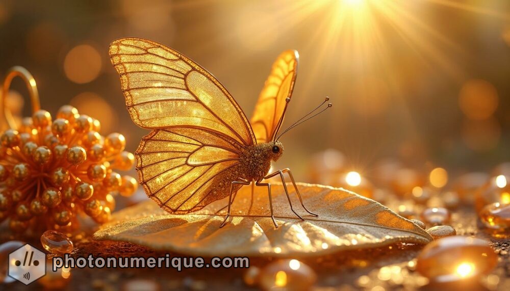 a hyperrealistic image of a warm, golden butterfly with topaz-encrusted wings, glowing softly in a sunlit setting.