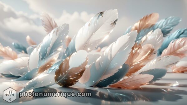 A minimalist illustration of feathers drifting softly through the air, each one rendered with a translucent effect that allows light to pass through.