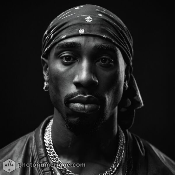 a hyperrealistic black-and-white portrait of Tupac Shakur in the iconic Studio Harcourt style.